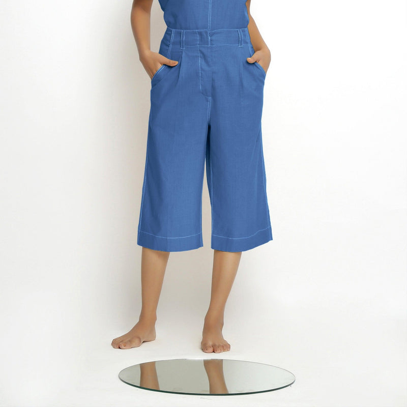 Front View of a Model wearing Mid-Rise Vegetable Dyed Blue Cotton Culottes