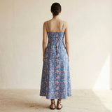 Blue-Pink Floral Block Print Cotton Ankle Length Flared Sundress