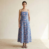 Blue-Pink Floral Block Print Cotton Ankle Length Flared Sundress