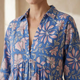 Blue-Pink Floral Block Print Cotton Deep-V Maxi Tier Dress