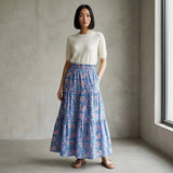 Blue-Pink Floral Block Print Cotton Elasticated Maxi Tier Skirt