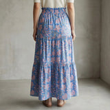 Blue-Pink Floral Block Print Cotton Elasticated Maxi Tier Skirt