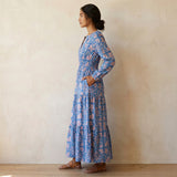 Blue-Pink Floral Block Print Cotton Fit and Flare Maxi Tier Dress