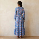 Blue-Pink Floral Block Print Cotton Fit and Flare Maxi Tier Dress