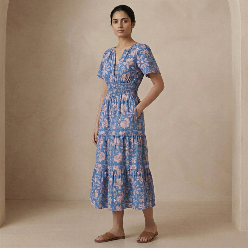 tie back flutter sleeve tiered midi dress Blue Mughal Floral Block Print Cotton Flutter Sleeve Tie-Back Tiered Midi Dress 60" / Custom Height (Free)
