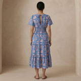 Blue-Pink Floral Block Print Cotton Flutter Sleeve Tie-Back Tiered Midi Dress