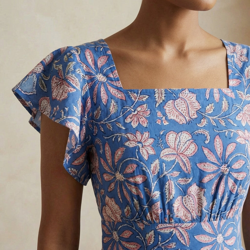 Buy Blue-Pink Floral Block Print Cotton Open-Back Fit and Flare Knee Length Dress Online at SeamsFriendly Buy Blue-Pink Floral Block Print Cotton Open-Back Fit and Flare Knee Length Dress Online at SeamsFriendly