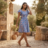 Blue-Pink Floral Block Print Cotton Open-Back Fit and Flare Knee Length Dress