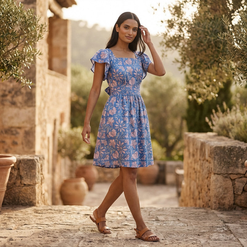 Buy Blue-Pink Floral Block Print Cotton Open-Back Fit and Flare Knee Length Dress Online at SeamsFriendly Buy Blue-Pink Floral Block Print Cotton Open-Back Fit and Flare Knee Length Dress Online at SeamsFriendly