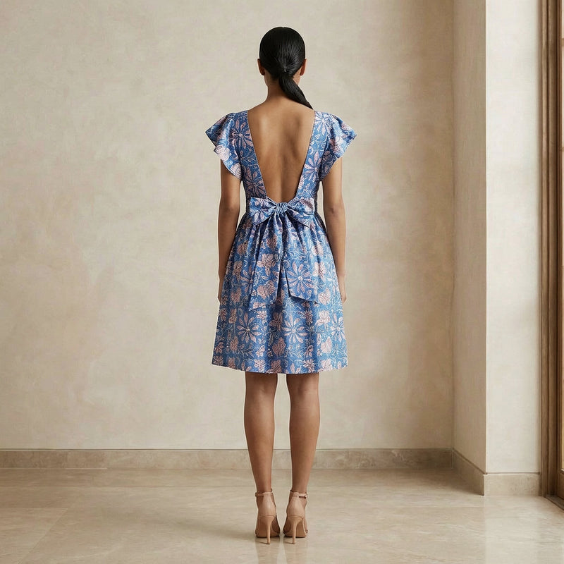 Blue-Pink Floral Block Print Cotton Open-Back Fit and Flare Knee Length Dress 28