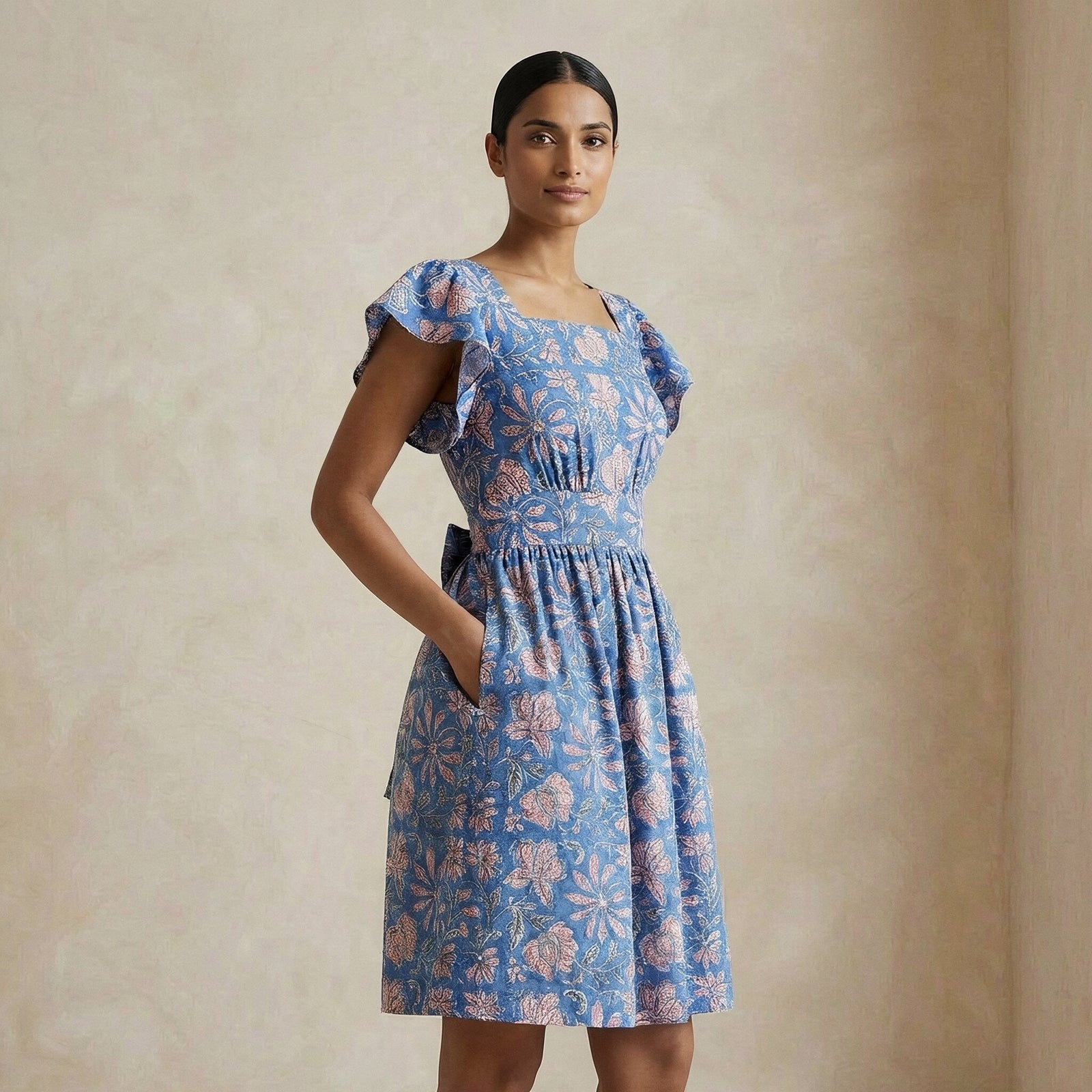 open back floral dress Blue-Pink Block Print Cotton Open-Back Fit and Flare Knee Length 28