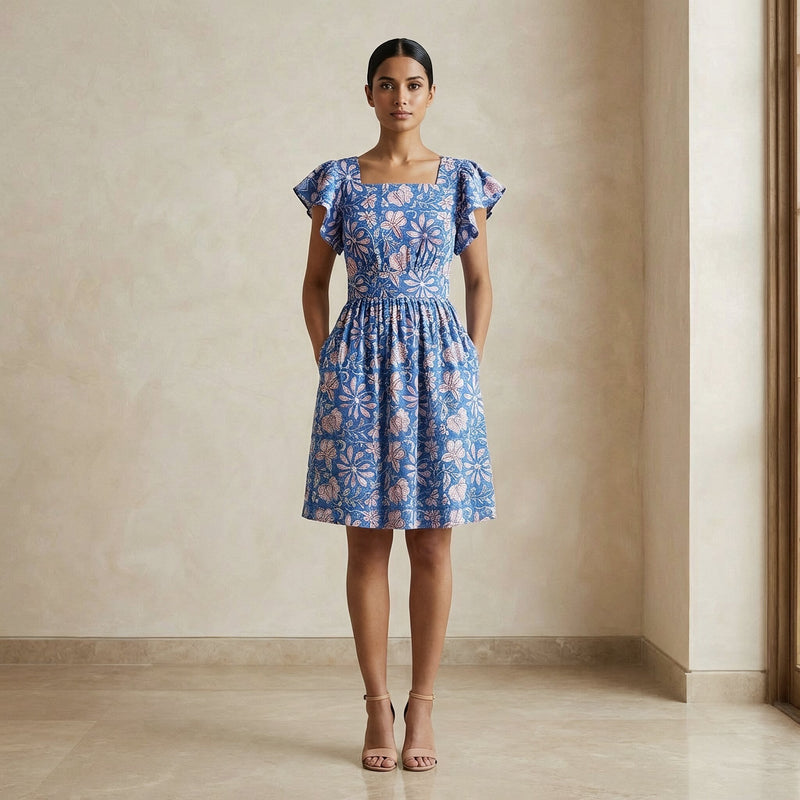 floral knee length dress Blue-Pink Block Print Cotton Open-Back Fit and Flare 28