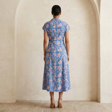 Blue-Pink Floral Block Print Cotton Paneled A-Line Midi Dress
