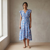 Blue-Pink Floral Block Print Cotton Ruffle Midi Wrap Dress