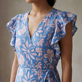 Blue-Pink Floral Block Print Cotton Ruffle Midi Wrap Dress