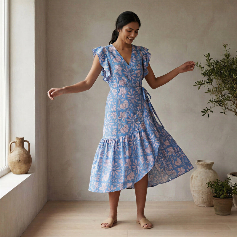 Blue-Pink Floral Block Print Cotton Ruffle Midi Wrap Dress 44
