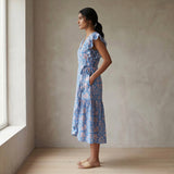 Blue-Pink Floral Block Print Cotton Ruffle Midi Wrap Dress
