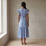 Blue-Pink Floral Block Print Cotton Ruffle Midi Wrap Dress