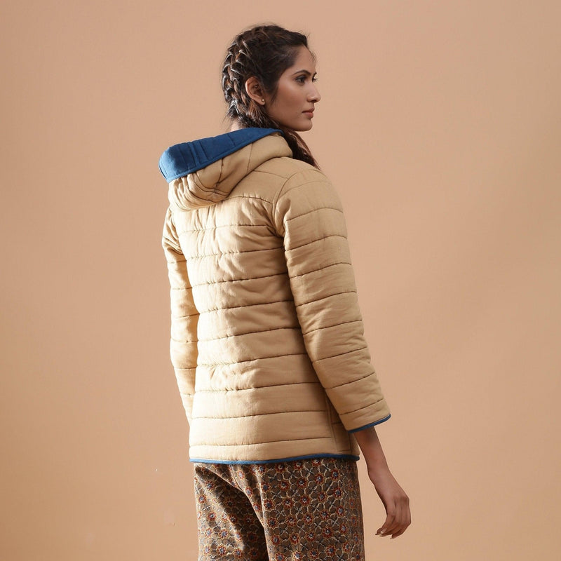 Back View of a Model wearing Reversible Detachable Hoodie Quilted Cotton Jacket