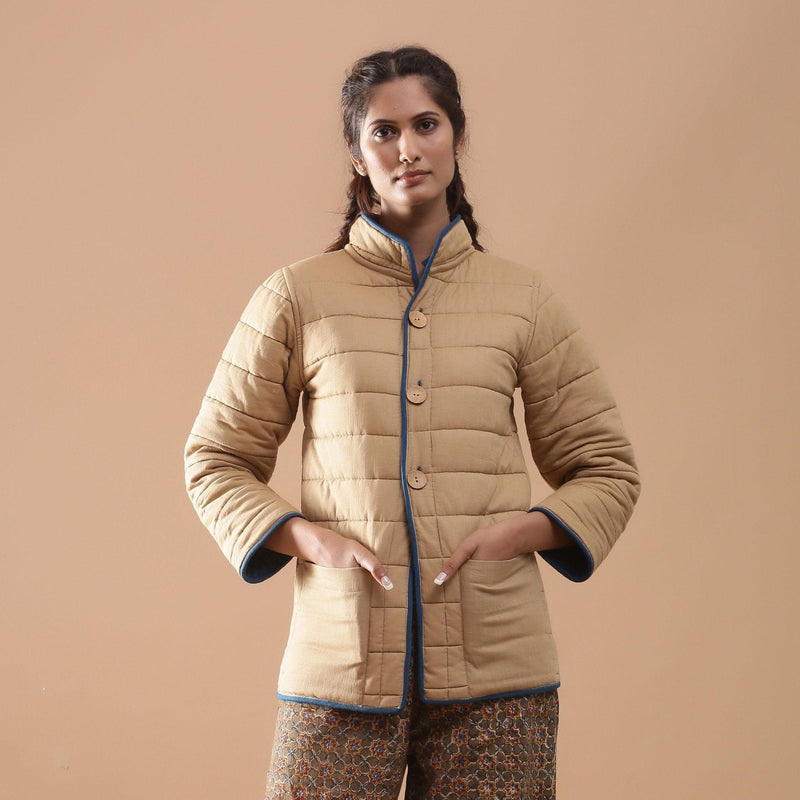 Front View of a Model wearing Reversible Detachable Hoodie Quilted Cotton Jacket