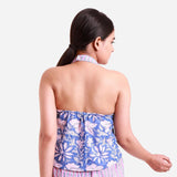 Back Detail of a Model wearing Blue Floral Halter Neck Short Top