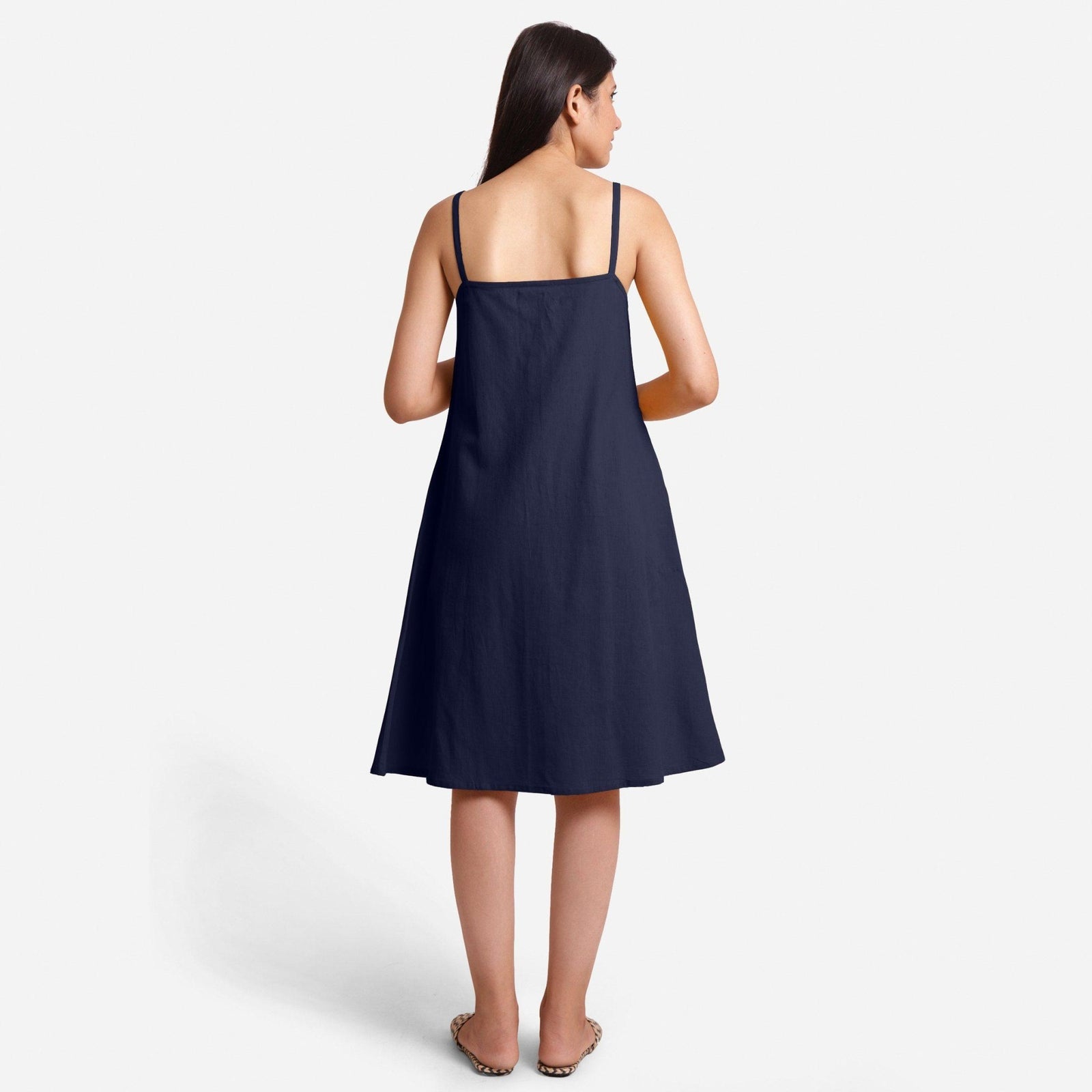 Blue Strappy Cotton Flax Knee Length Slit Dress 70