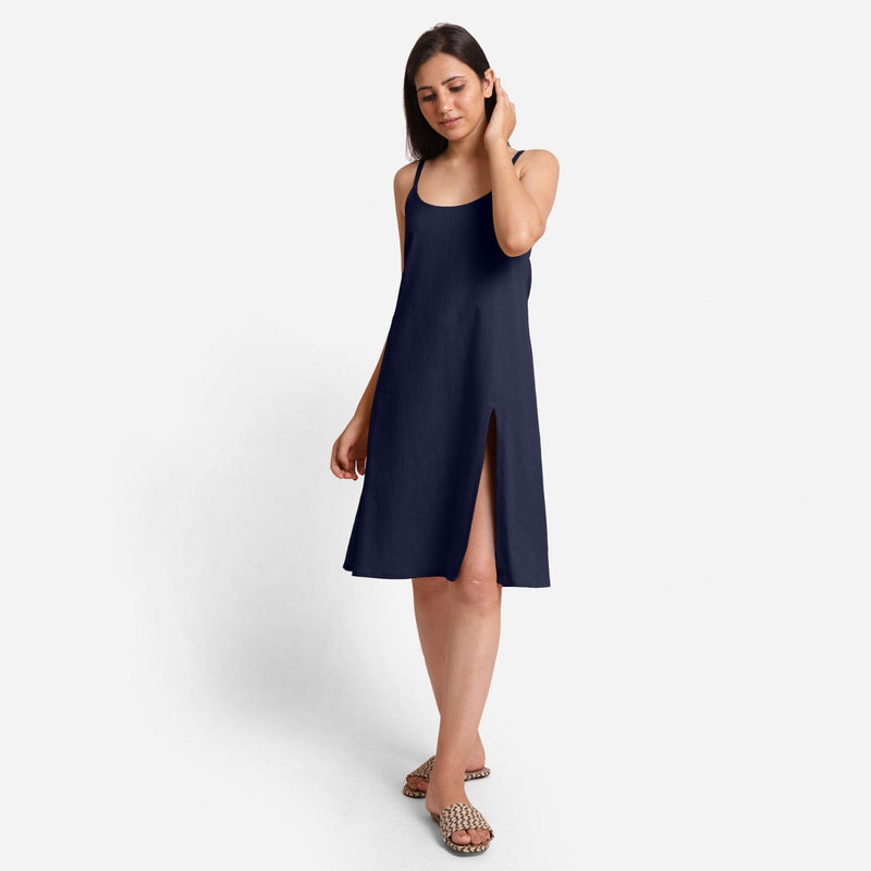 Blue Strappy Cotton Flax Knee Length Slit Dress 70" / Regular (5'2" - 5'6") Blue Strappy Cotton Flax Knee Length Slit Dress 70" / Regular (5'2" - 5'6")