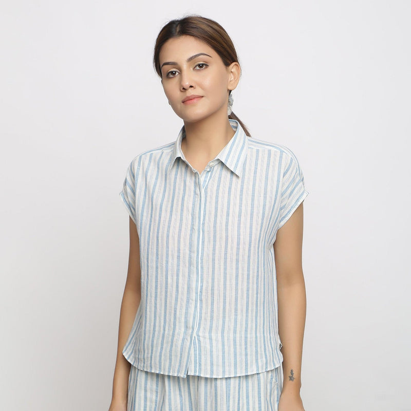 Front View of a Model wearing Blue Handspun Striped Button-Down Shirt