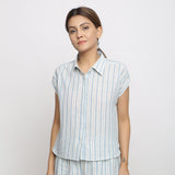 Front View of a Model wearing Blue Handspun Striped Button-Down Shirt