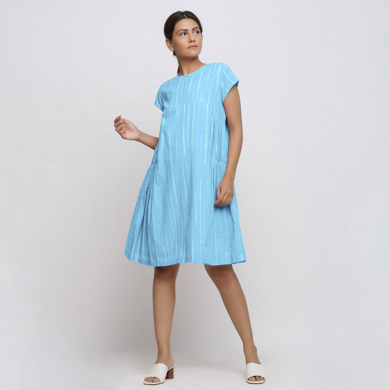 Front View of a Model wearing Blue Tie Dye Yoked Knee Length Dress