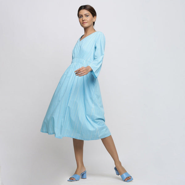 Left View of a Model wearing Blue Tie Dyed Fit and Flare Dress