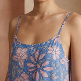 Blue-White Floral Block Print Cotton Drop-Waist Camisole Maxi Tier Dress