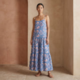 Blue-White Floral Block Print Cotton Drop-Waist Camisole Maxi Tier Dress