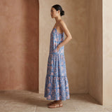 Blue-White Floral Block Print Cotton Drop-Waist Camisole Maxi Tier Dress