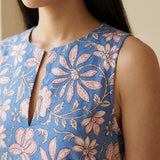 Blue-White Floral Block Print Cotton Sleeveless A-Line Short Shift Dress