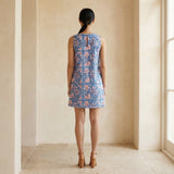 Blue-White Floral Block Print Cotton Sleeveless A-Line Short Shift Dress