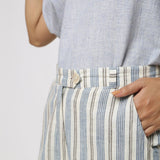 Left Detail of a Model wearing Handspun Cotton Striped Tapered Pant