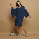 Navy Blue Crinkled Cotton Flax V-Neck Drop Shoulder Knee Length Dress