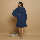 Navy Blue Crinkled Cotton Flax V-Neck Drop Shoulder Knee Length Dress