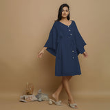 Navy Blue Crinkled Cotton Flax V-Neck Drop Shoulder Knee Length Dress