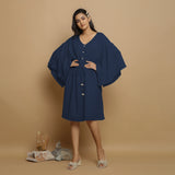 Navy Blue Crinkled Cotton Flax V-Neck Drop Shoulder Knee Length Dress