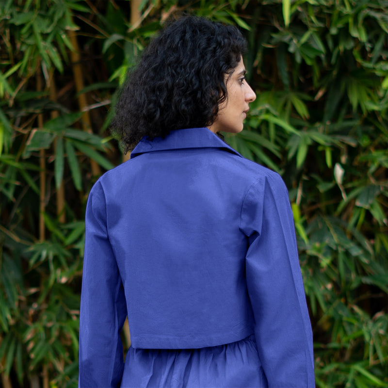 Royal Blue Cotton Poplin Full Sleeve Cropped Shirt