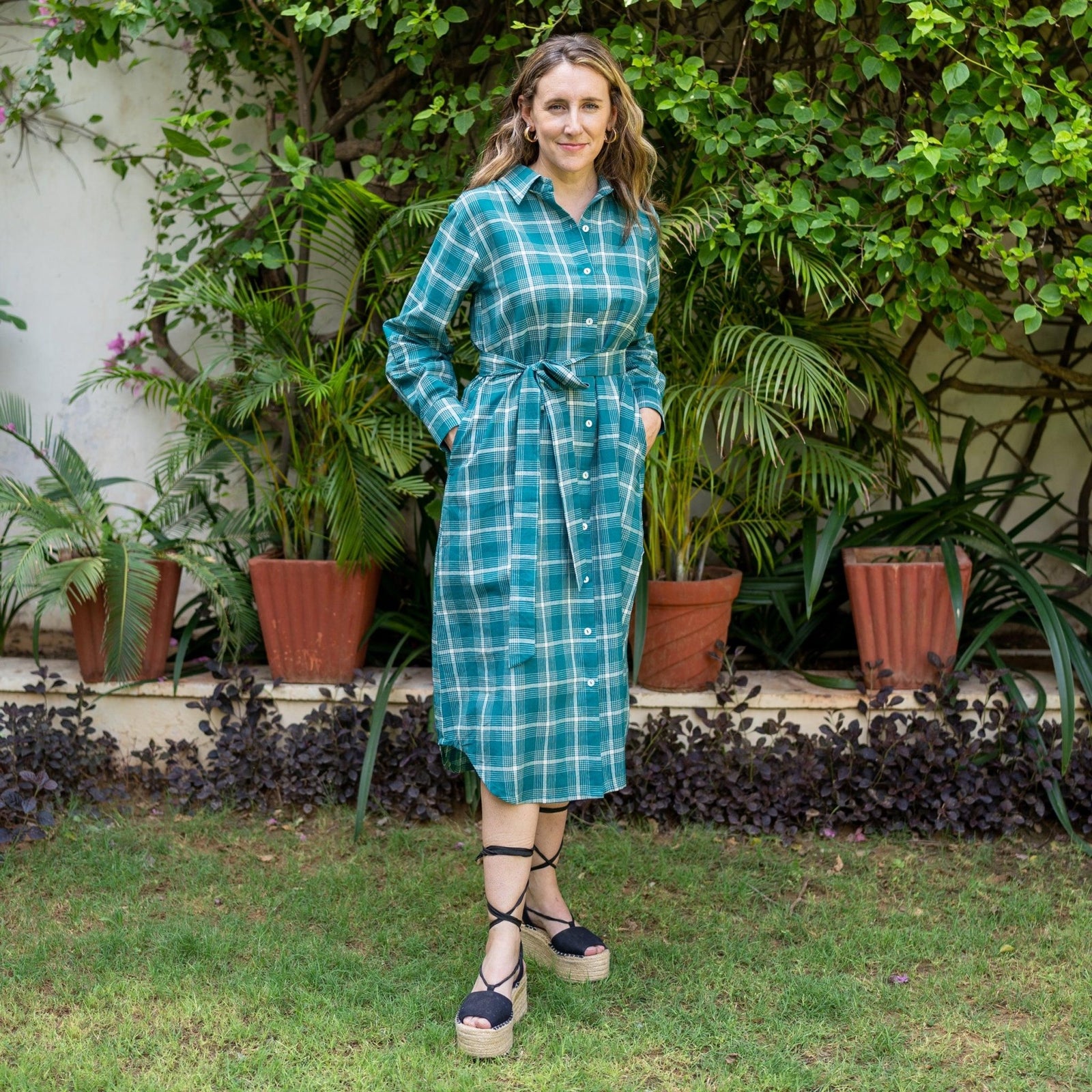 Bottle Green Checks Cotton Midi Shirt Dress 68" / Petite (5'1" and below) Bottle Green Checks Cotton Midi Shirt Dress 68" / Petite (5'1" and below)