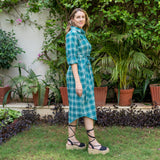 Bottle Green Checks Cotton Midi Shirt Dress