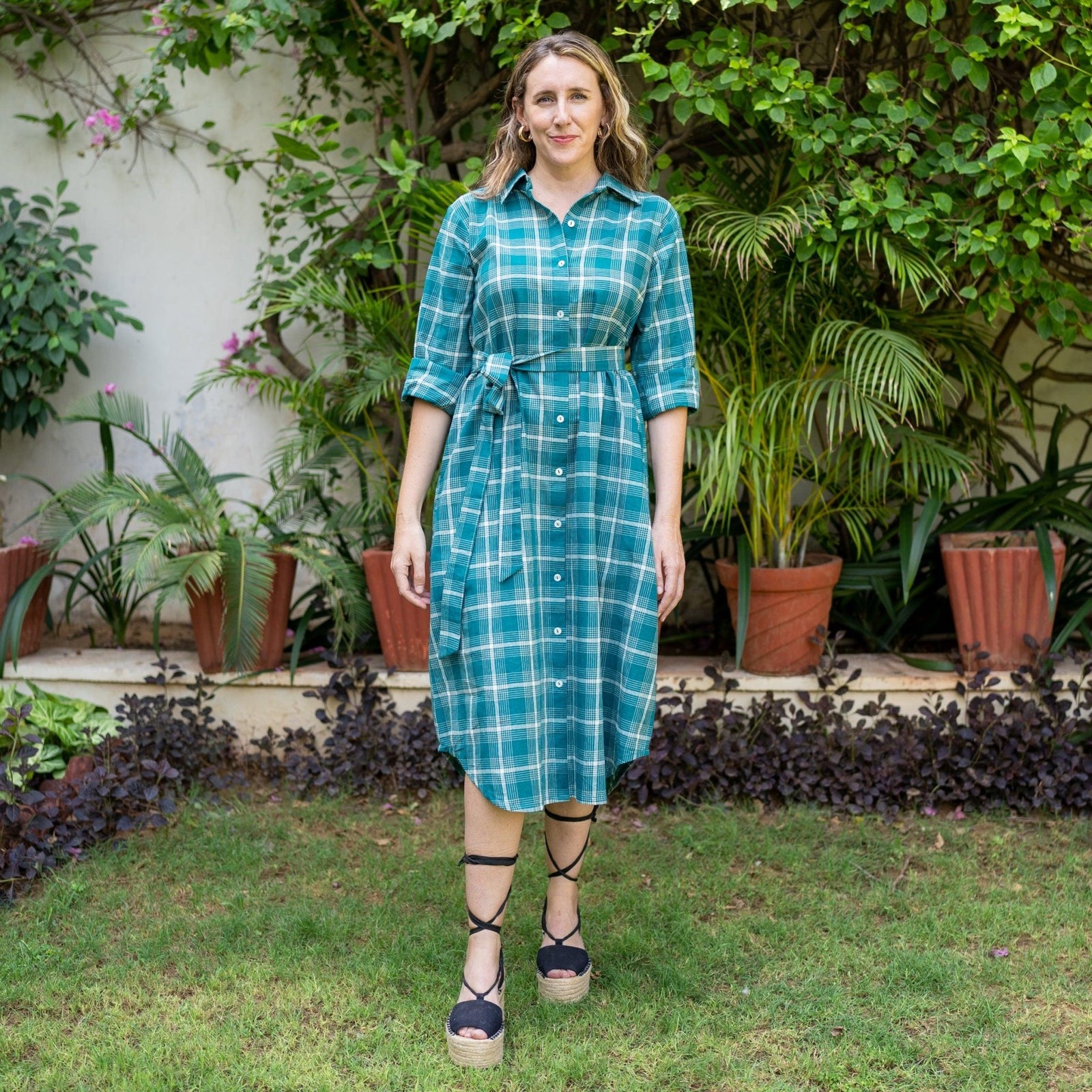 Bottle Green Checks Cotton Midi Shirt Dress 68