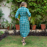 Bottle Green Checks Cotton Midi Shirt Dress