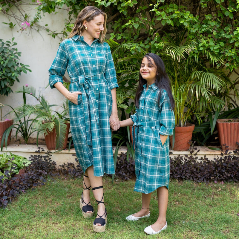 Bottle Green Checks Cotton Midi Shirt Dress