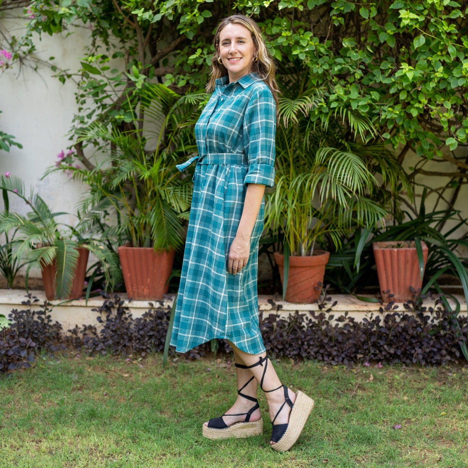 Bottle Green Checks Cotton Midi Shirt Dress 68