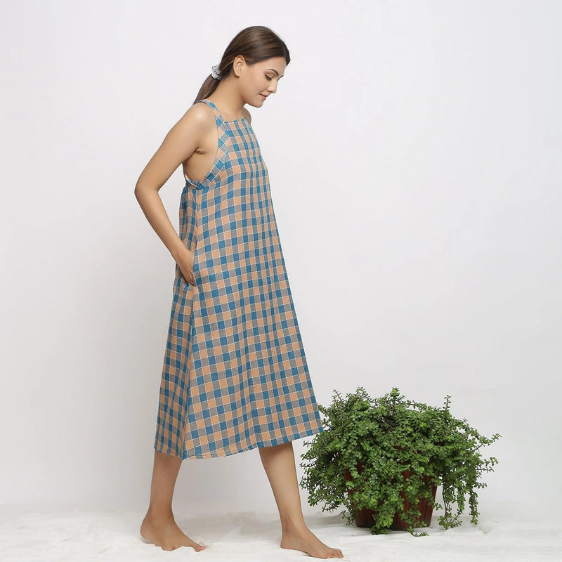 Bottle Green Checks Cotton Muslin Square Neck Midi Dress Bottle Green Checks Cotton Muslin Square Neck Midi Dress