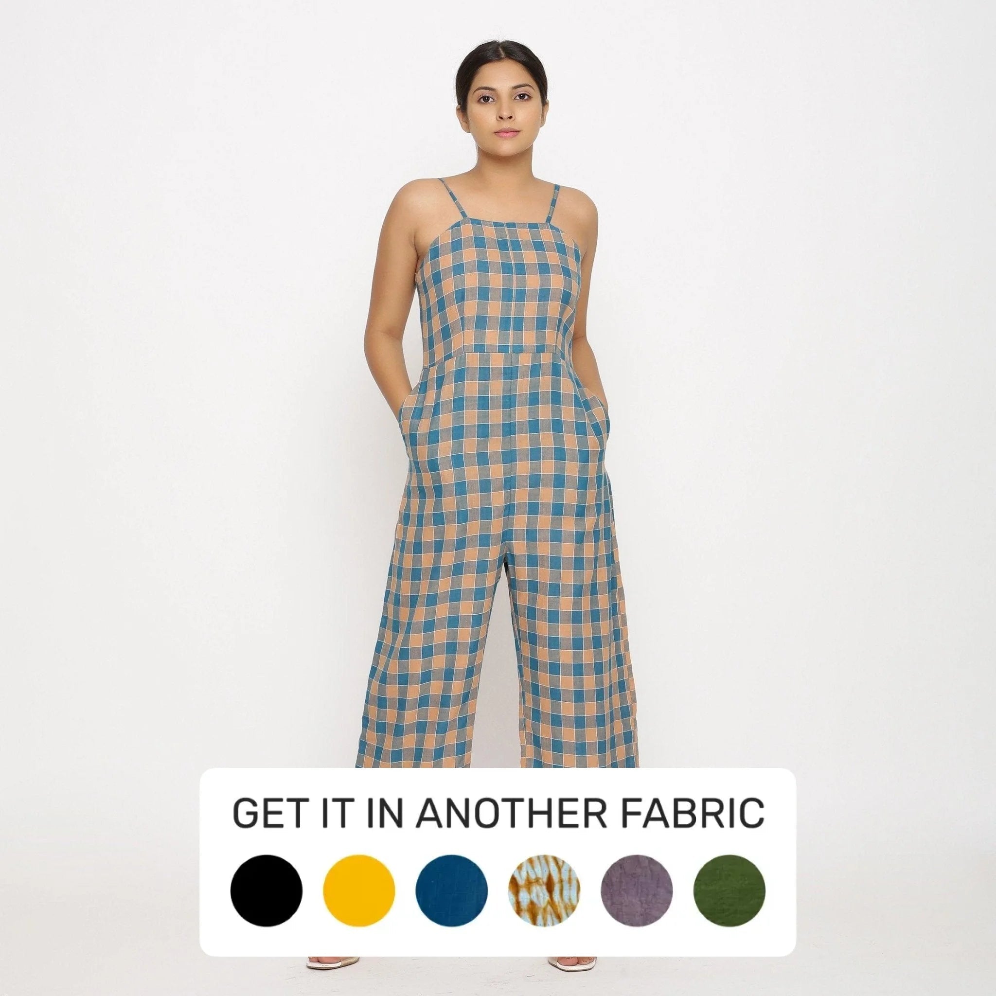 Bottle Green Checks Cotton Muslin Strap Sleeve Camisole Jumpsuit